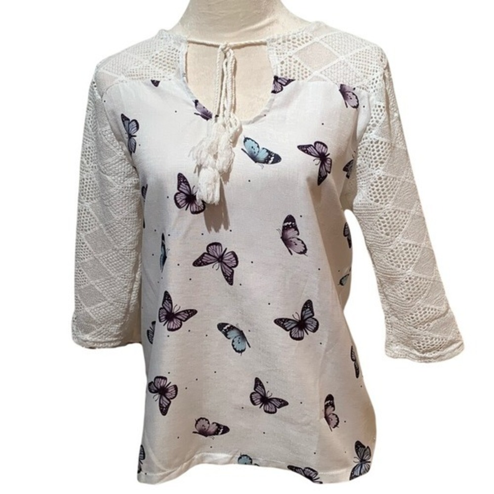 MISSLOOK.Colorful butterflies on shirt,3/4 crochet on sleeves/shoulder.Sz S/M.